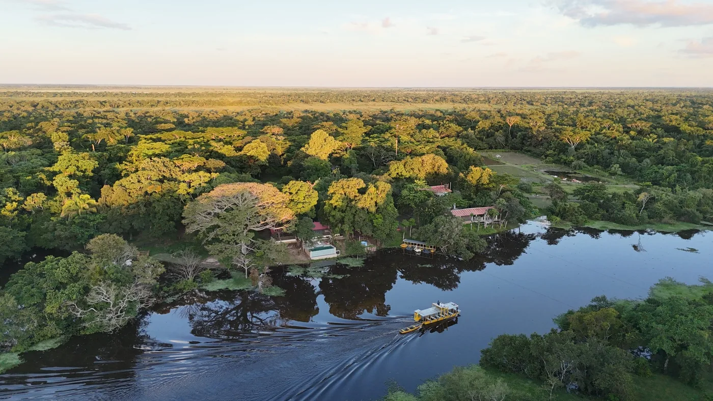 Aerial view of Chuchini Private Amazon Jungle Reserve and Eco Lodge near Trinidad, Bolivia