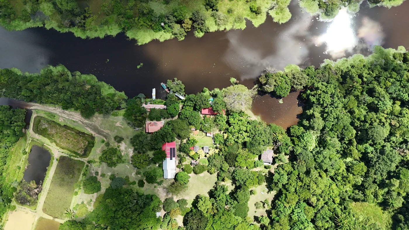 Aerial view of Chuchini Eco Lodge inside the Private Amazon Jungle Reserve near Trinidad, Beni, Bolivia